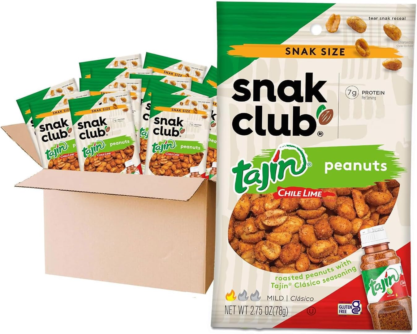 Snak Club Tajin Peanuts, Roasted Nuts with Chili and Lime Seasoning, Mild, 2.75 oz Snack Bags, 12 Pack