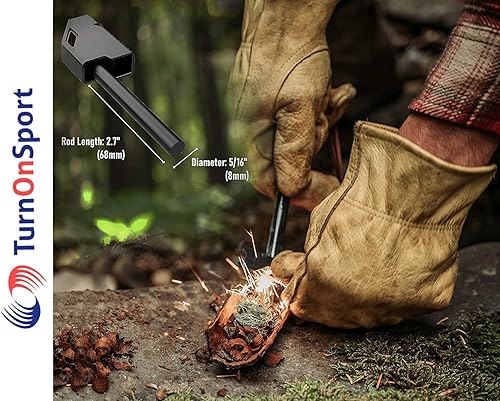 Miniatura 3 de TurnOnSport Magnesium Fire Starter Survival Kit - Flint Steel Fire Starter & Compass - Ferro Rods Fire Striker Hiking Whistle Paracord Lanyard Black