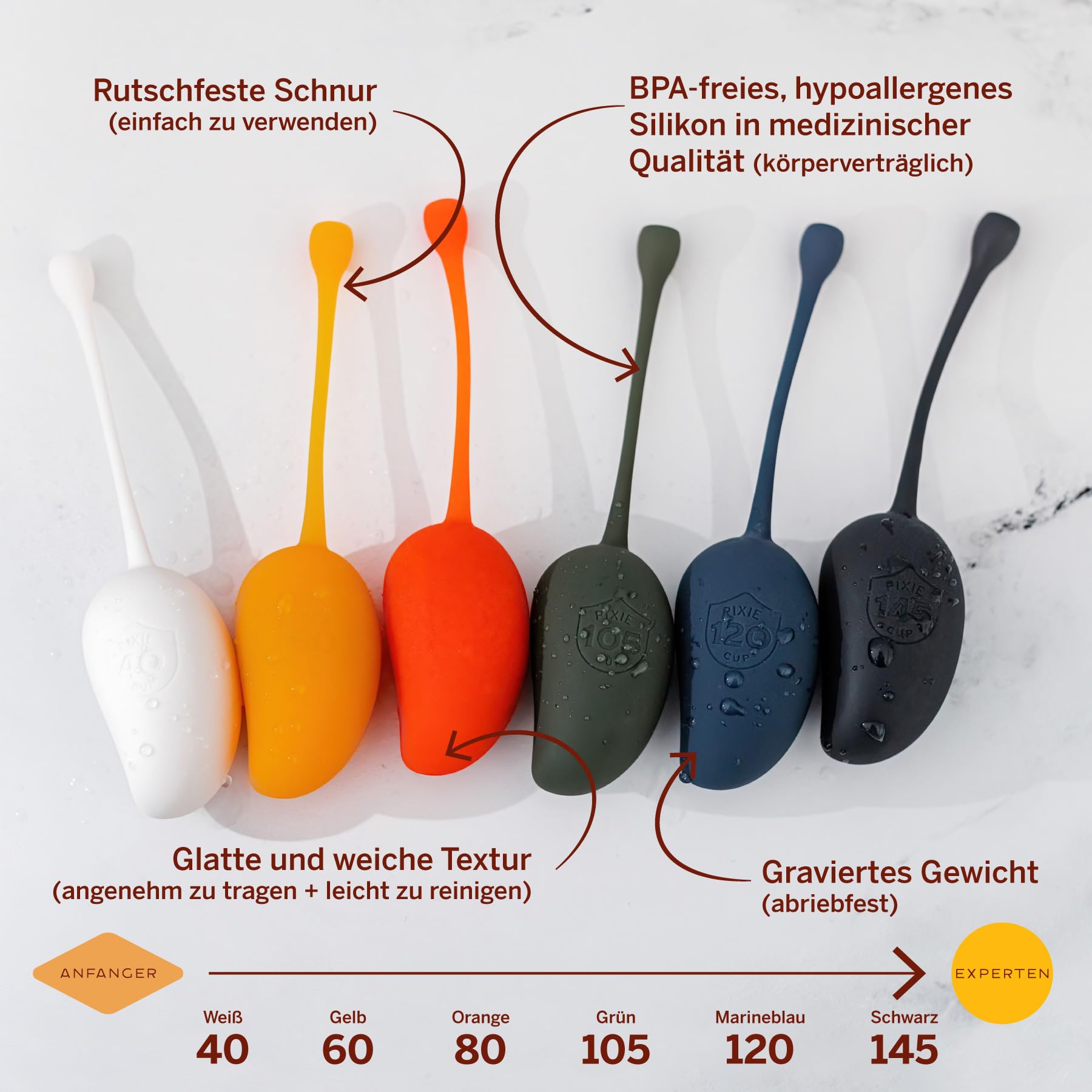Pixie Beckenboden-Trainingsset – 6er-Set Gewichte zur Stärkung der Beckenbodenmuskulatur für die Intimhygiene – Inklusive leicht verständlichem E-Book mit Übungen für Anfängerinnen & Fortgeschrittene