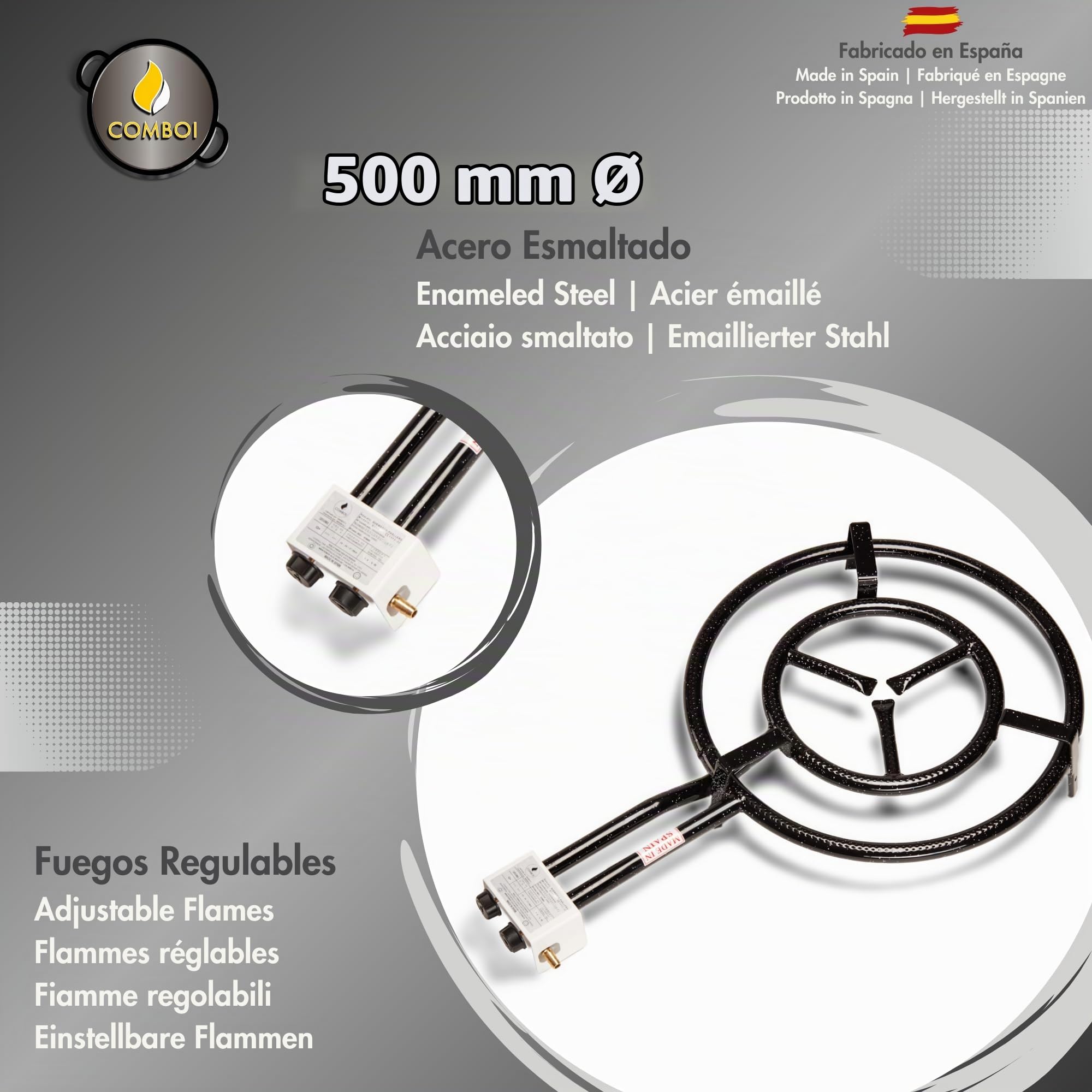 COMBOI Paellero gas butano 50 cm, paella Kit Quemador paelleras esmaltadas de 60 cm + 42 cm, Regulador de gas, Manguera, Soporte Patas reforzadas, nivel, delantal, Libro de Recetas digital