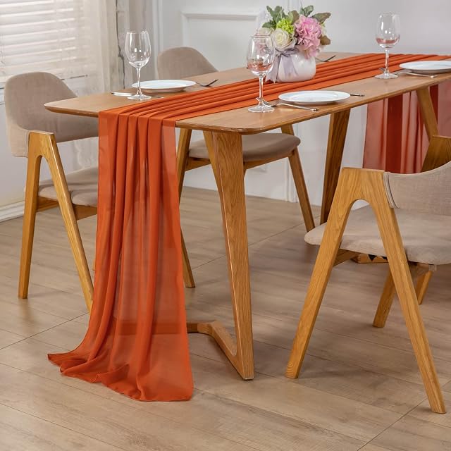 Yeahshion 2 Pcs Chiffon Table Runner 28x120 Inches,Home Decor Terracotta Romantic Wedding Table Runners for Wedding Birthday Baby Shower Outdoor Party Table Decor