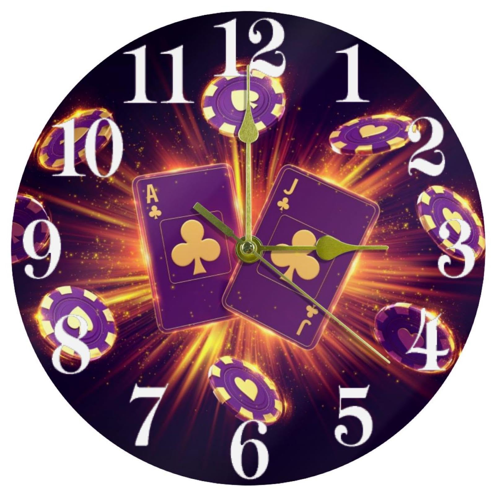 Horloge murale casino sans tic-tac pour amateurs de jeux de cartes à la maison