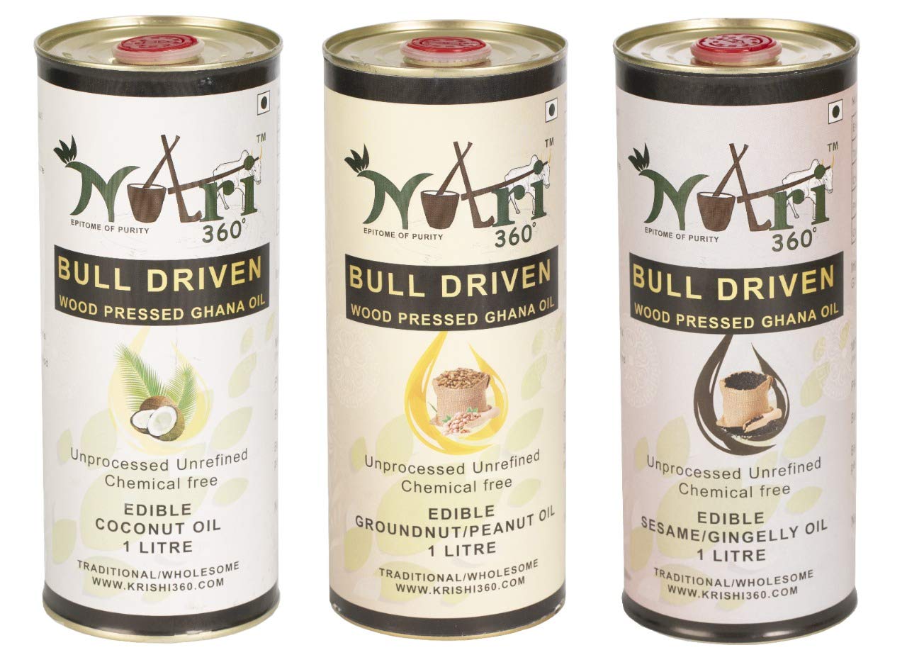 Nutri 360 Coconut & Sesame & Groundnut Oil Combo (1L Tin X3 )Bull Driven Wooden ಗಾಣ/कोल्हू/செக்கு!