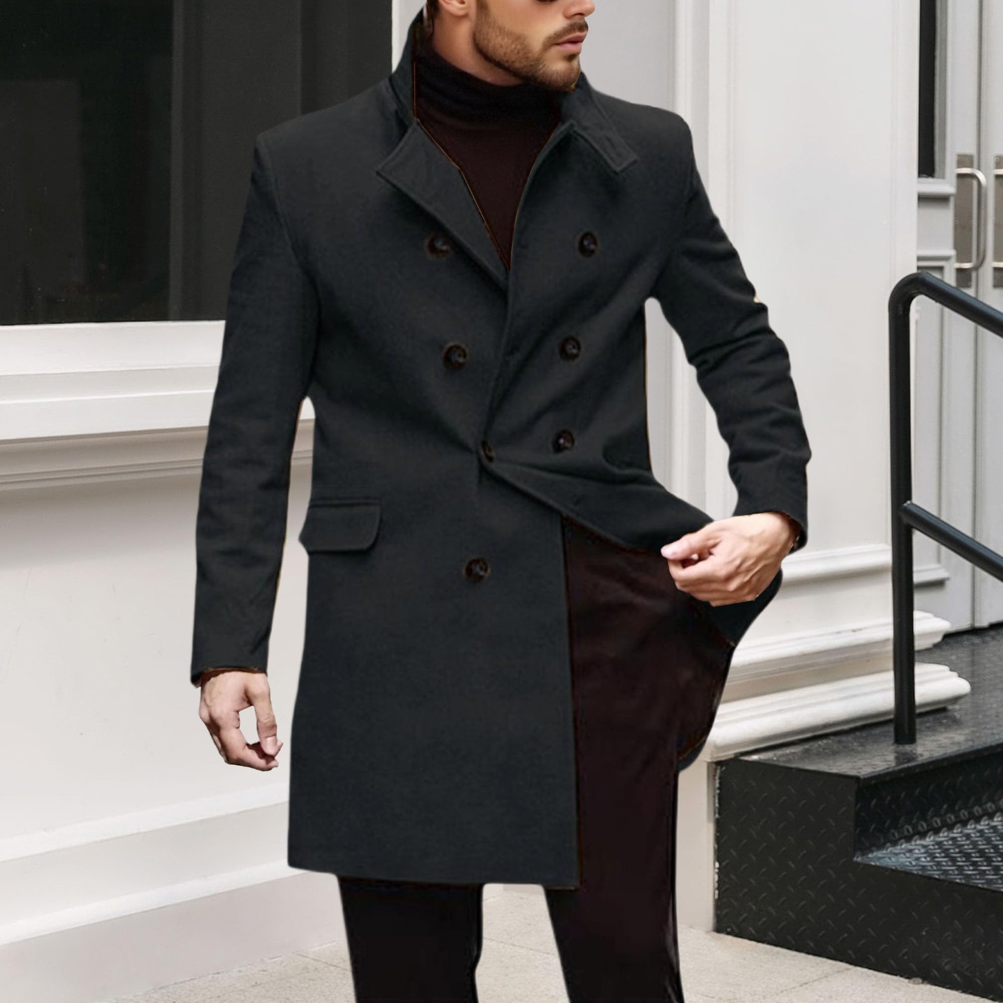 Gabardina para hombre con cuello con muescas, resistente al viento, cálida y suave, mezcla de lana, abrigo de primavera con doble botonadura