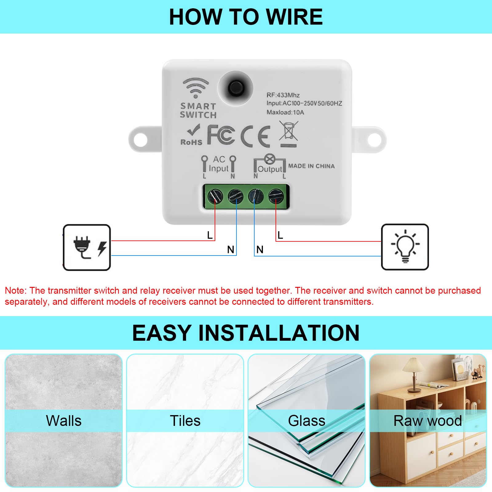 Interruptor Inalámbrico sin pilas RF433 240V 10A Interruptor Inalambrico con Receptor Interruptores Inalambricos Conmutador Inalambricos WHD05+WHZ03 (1 receptor + 3 paneles de control)