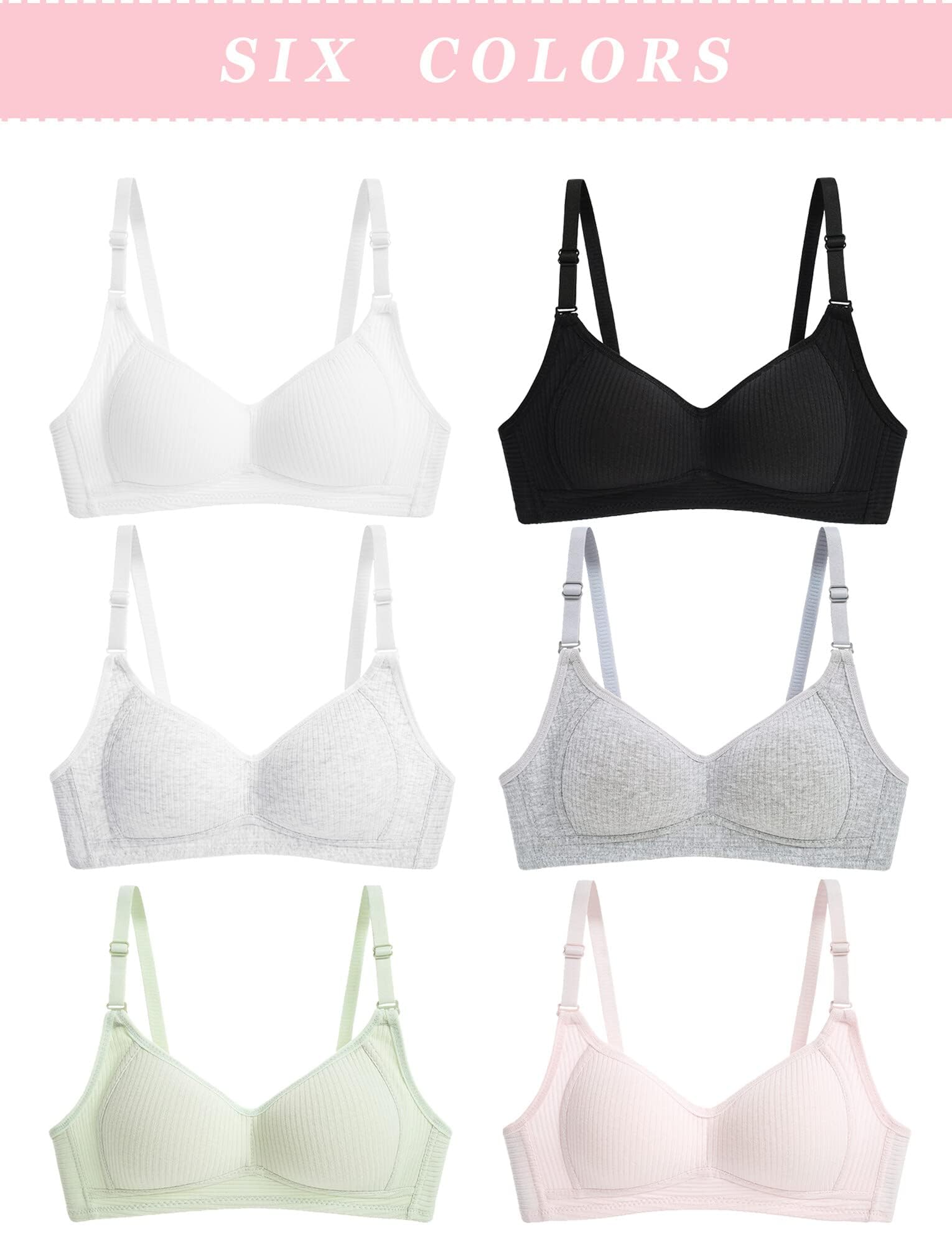 Lot de 6 Soutiens-Gorge d'entraînement Fille sans Armature Enfant Brassieres sans Armature Bretelles Réglable