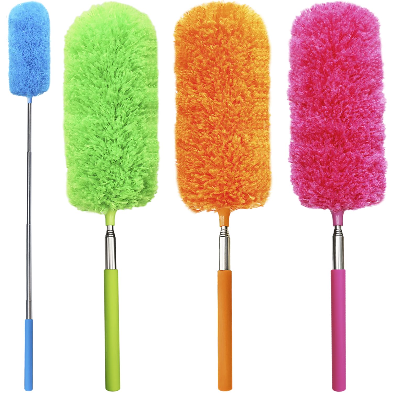 4 Pack Small Washable Microfiber Feather Duster, with Extendable Pole and Bendable Head, Cleaning Tool for Cleaning Office, Car, Computer, Furniture, Sofa (Orange/Blue/Green/Rose Red)