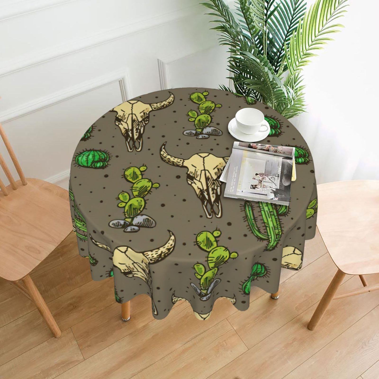 Zcmkjlg Skull of Bull and Cute Cactus Print Quick Ship Round Tablecloth 60in Polyester Washable Cover for Dining Room