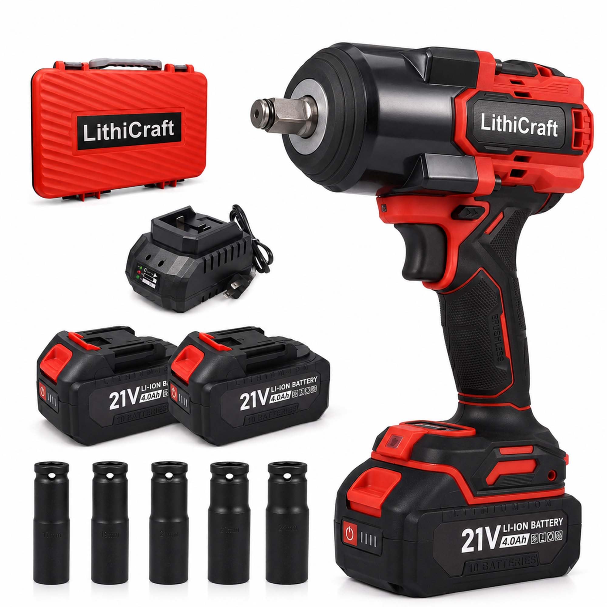 Llave de Impacto Inalámbrica 1/2 Pulgada, 1200 Nm Brushless, 2 Baterías 4,0Ah, Cargador Rápido, 5 Vasos 17/19/21/22/24 mm, para Cambio de Ruedas, Coche y Bricolaje