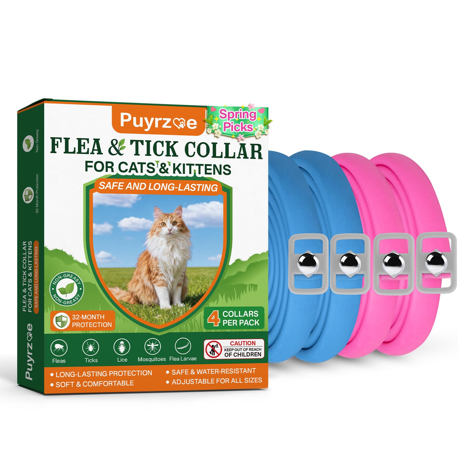 Puyrzoe Flea Collar for Cats 4 Pack, Natural Cat Flea and Tick Prevention Collar, 32-Month Full Protection, Adjustable Cat Flea and Tick for Kittens and Cats, Waterproof, 2 Pink & 2 Blue