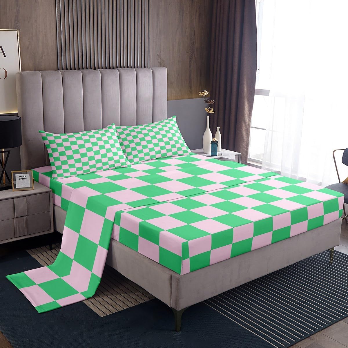 Geometric Plaids Patchwork Kids Sheet Twin Size,Abstract Grids Checkerboard Boys Girls Bedding Set,Checkered Latticed Modern Pink Green Bed Sheet Set 3pcs(Fitted + Flat + 1 Pillowcase)