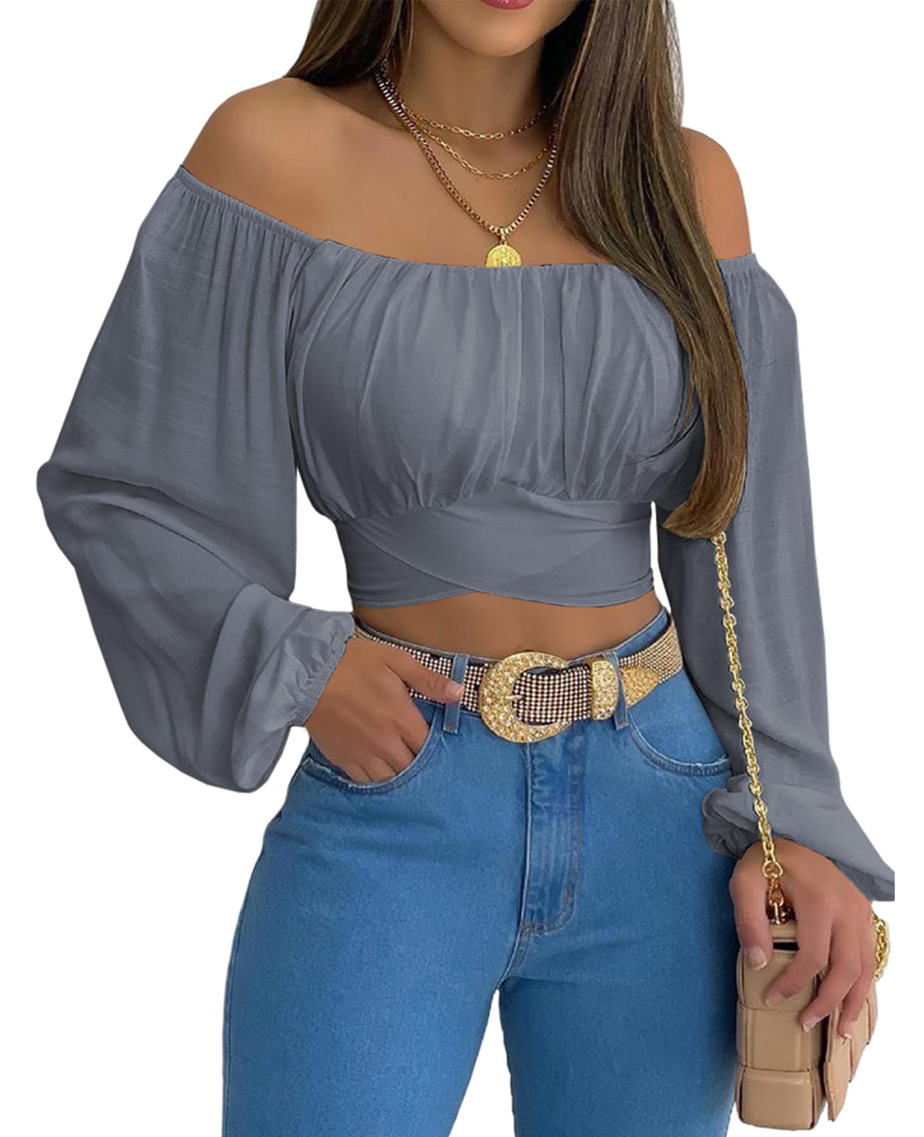 MIRACMODAWoman Off Shoulder Ruched Tie Back Crop Top Summer Lantern Sleeve Boho Shirt Blouse