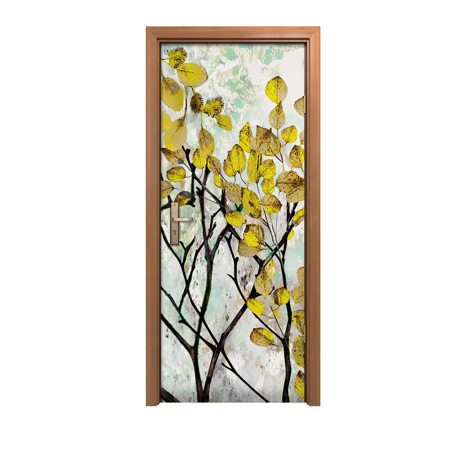 Autocollant de porte 90x200cm décoration murale adhésive trompe l'oeil feuilles arbre