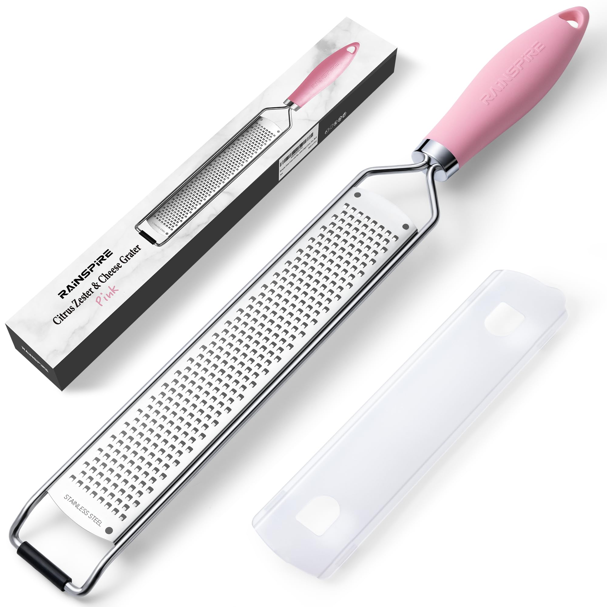 Rainspire Zester Grater with Handle, Lemon Zester Cheese Grater for Kitchen Stainless Steel, Parmesan Cheese Garlic Nutmeg Chocolate Fruits Vegetables Ginger Grater, Fine (Pink)