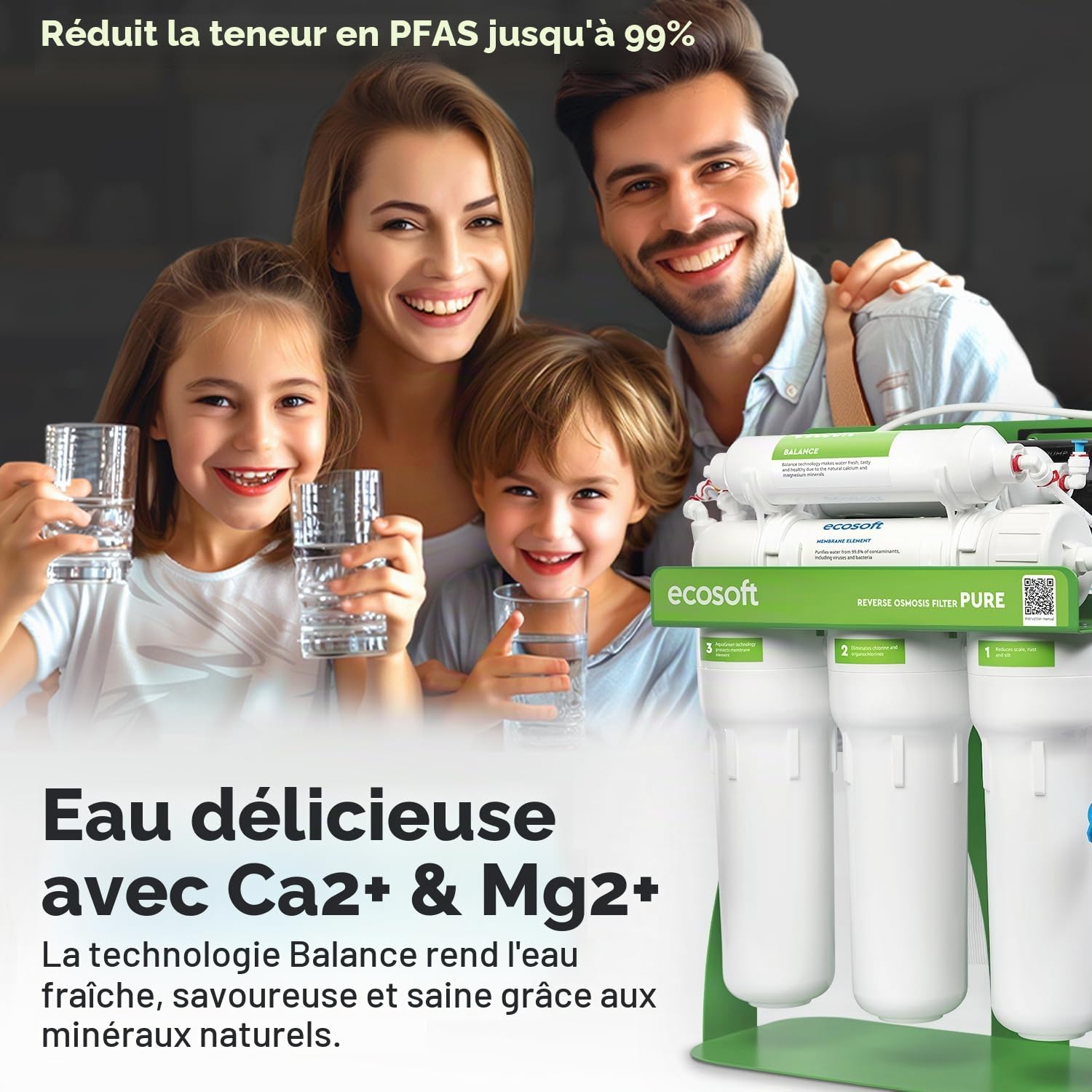 Ecosoft P’URE Balance avec pompe | filtre à osmose inverse directe | 5 étapes de filtration | filtration sur châssis métallique | système d’eau potable pour maison | enrichi en minéraux