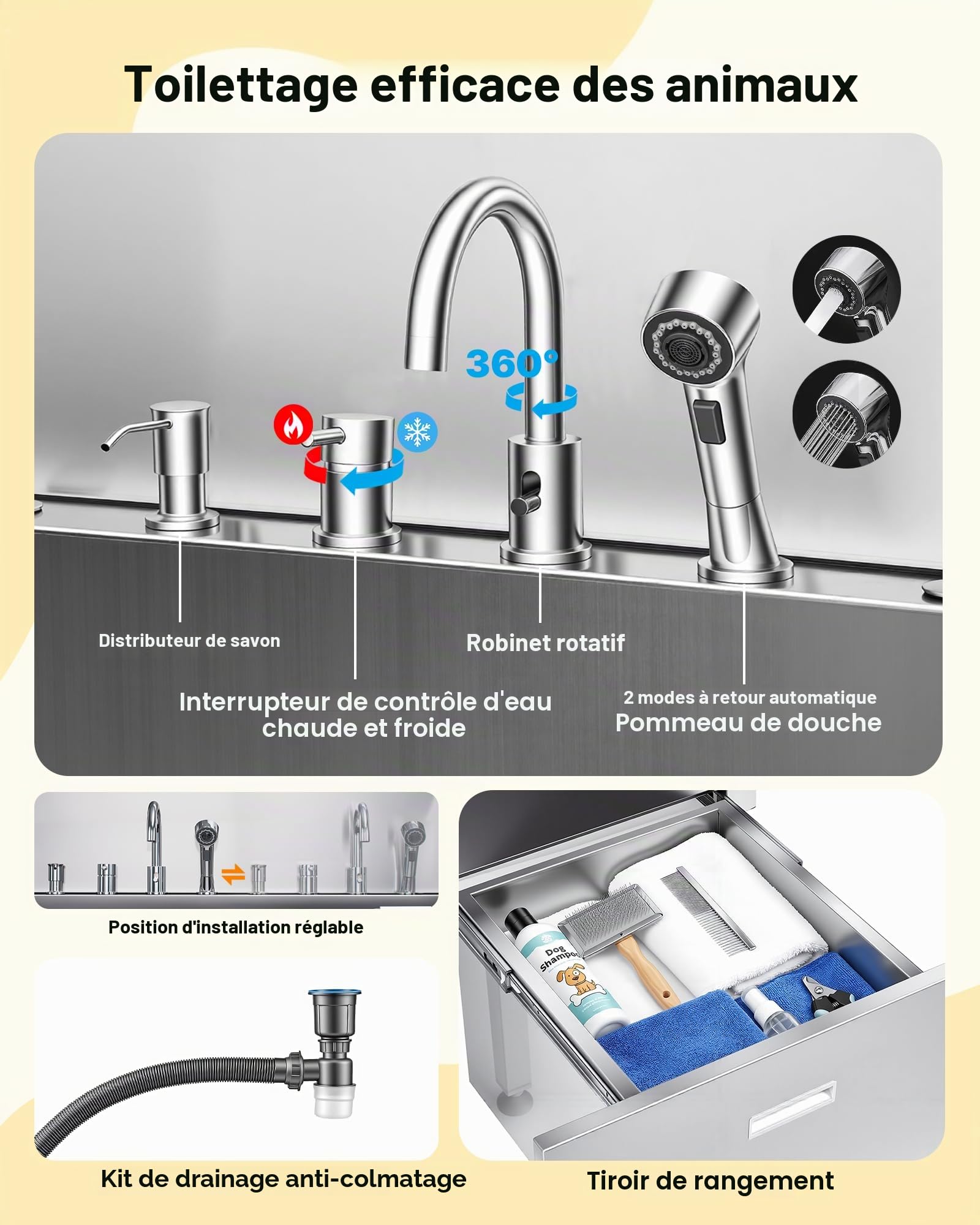 VEVOR Baignoire de Chien Acier Inoxydable, Baignoire de Toilettage pour Animaux de Compagnie 127,5 cm Station de Lavage Chat, avec Rampe, Panneau Filtre à Eau, Robinet, Pommeau de Douche, Porte Droite