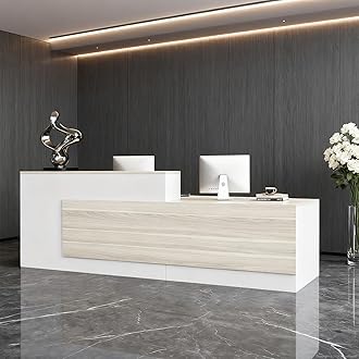 Modern L-Shaped Reception Desk with Hutch, Reception Counter Table, Lockable Drawer Door Cabinet, Office Wooden Computer Front Desk (Tung Color+White-Left Cabinet, 110L*24" W*41" H)