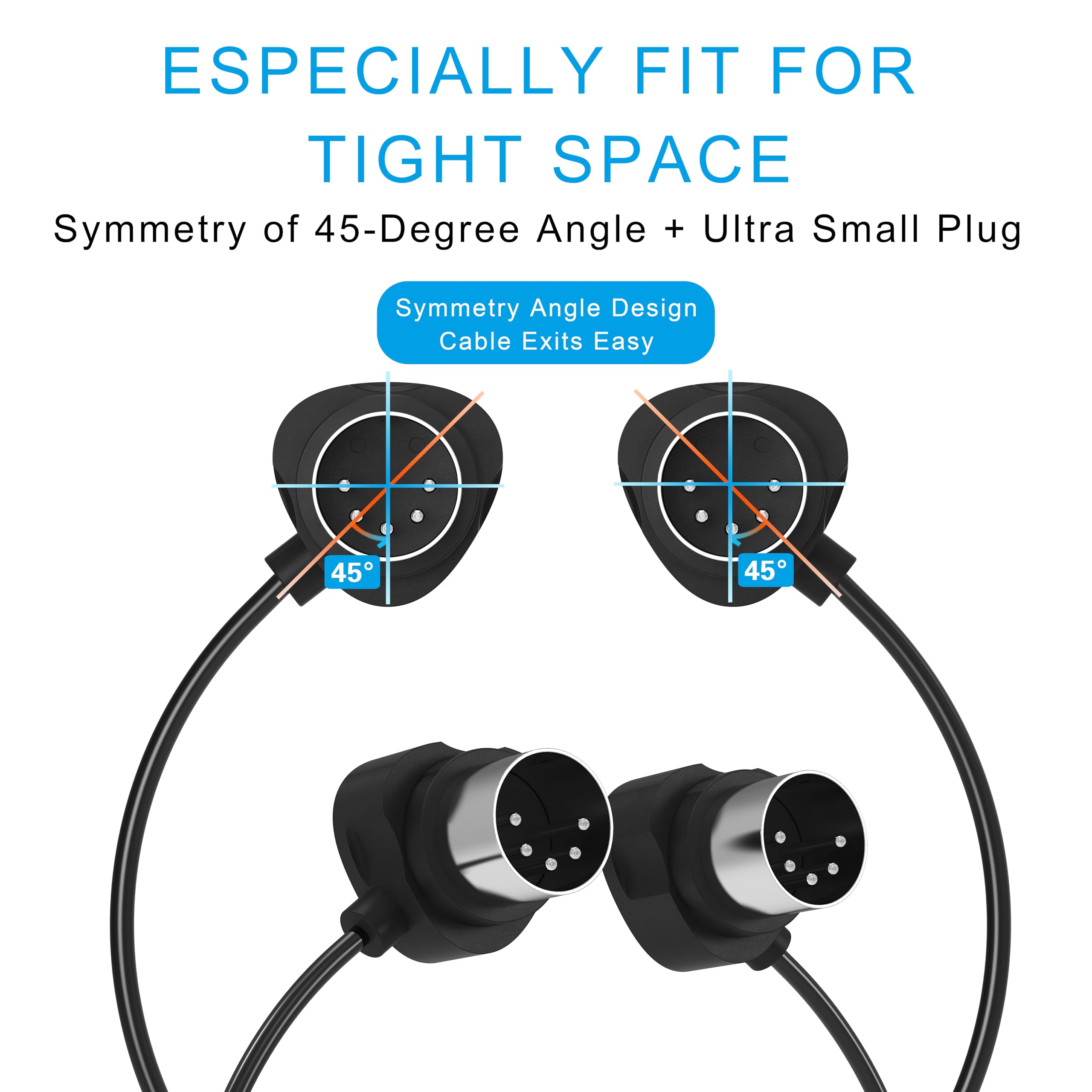 FORE Paquete de 4 cables MIDI en ángulo de simetría de 45 grados con conectores ultra pequeños para espacio reducido, cable MIDI DIN de 5 pines compatible con teclado/interfaz/guitarra MIDI