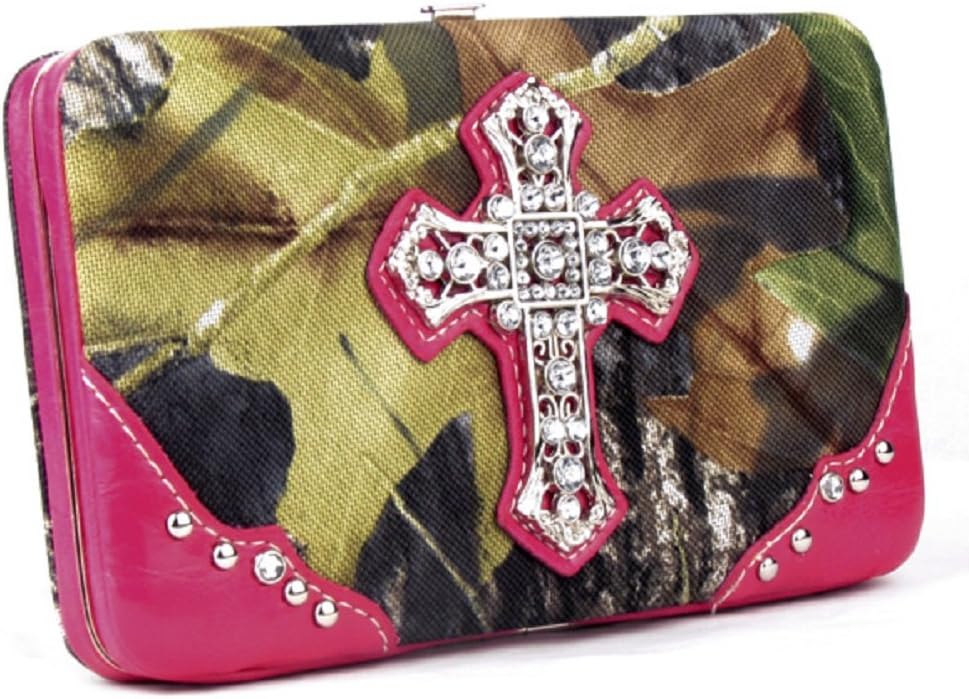 Western Handbag Camouflage Cross Camo Rhinestone Purse With Matching Wallet (PINK)