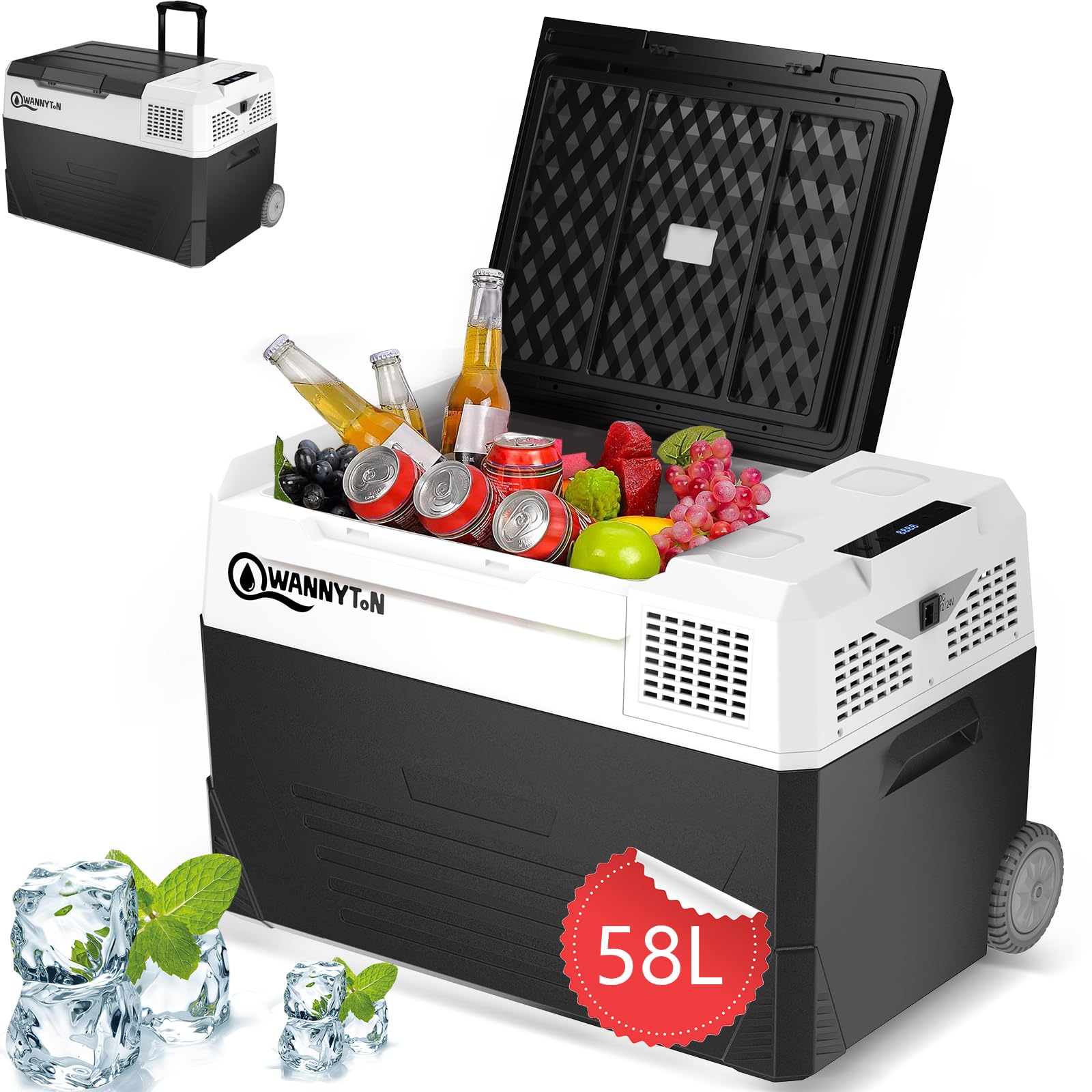 WANNYTON Nevera Eléctrica Portátil 58 L, 12/24/100-240 V, Mini Nevera Portatil para Cochr, Nevera Portatil Compresor con Ruedas y Asa, con Cable CC/CA
