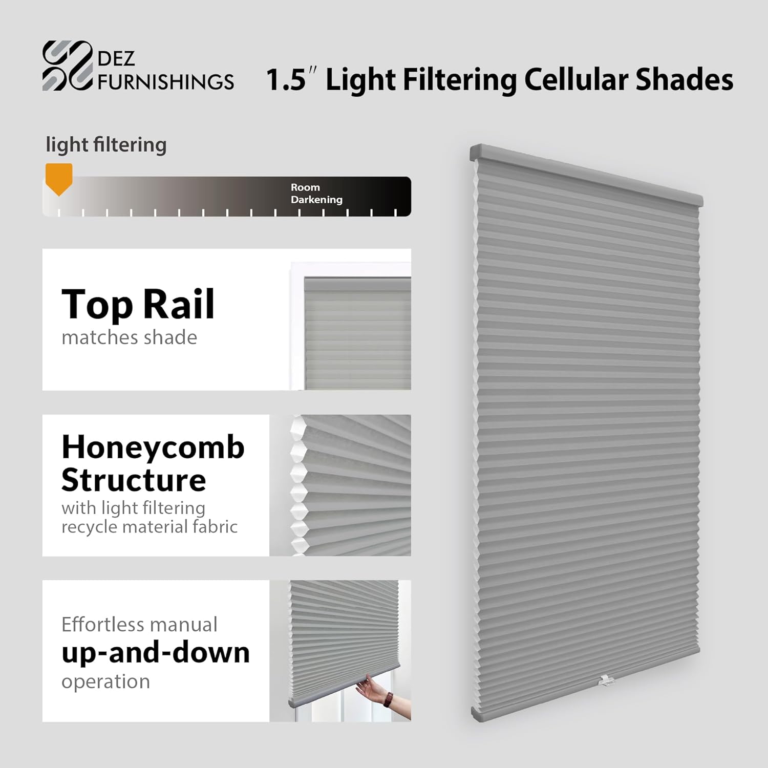 DEZ FURNISHINGS Cordless 1.5" Light Filtering Cellular Shade, 37" W x 84" H, Anchor Gray