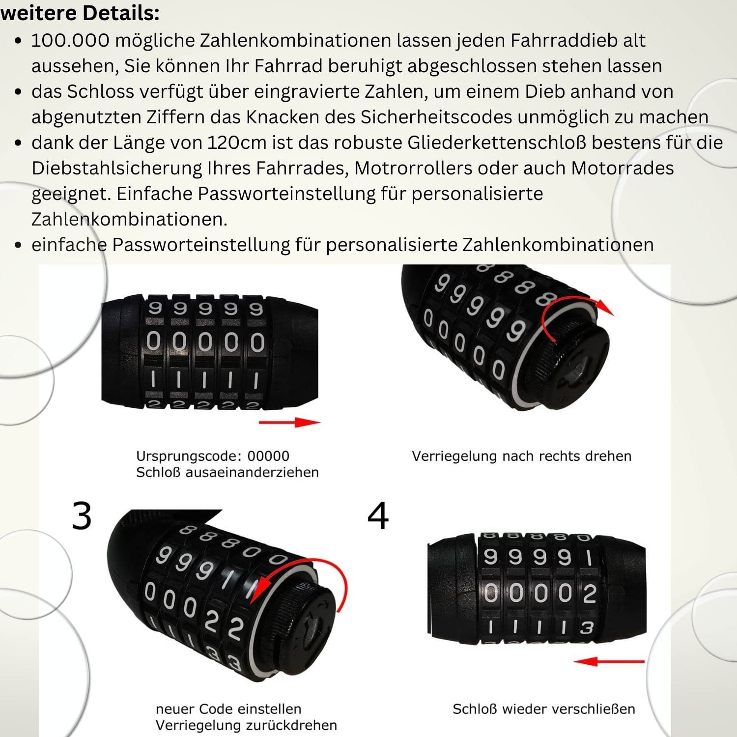 Fahrradschloss Kettenschloss blau 120cm Zahlenschloss Radschloss ummantelt Motorradschloss Rollerschloss Fahrrad Schloss Red Loon Auto & 
