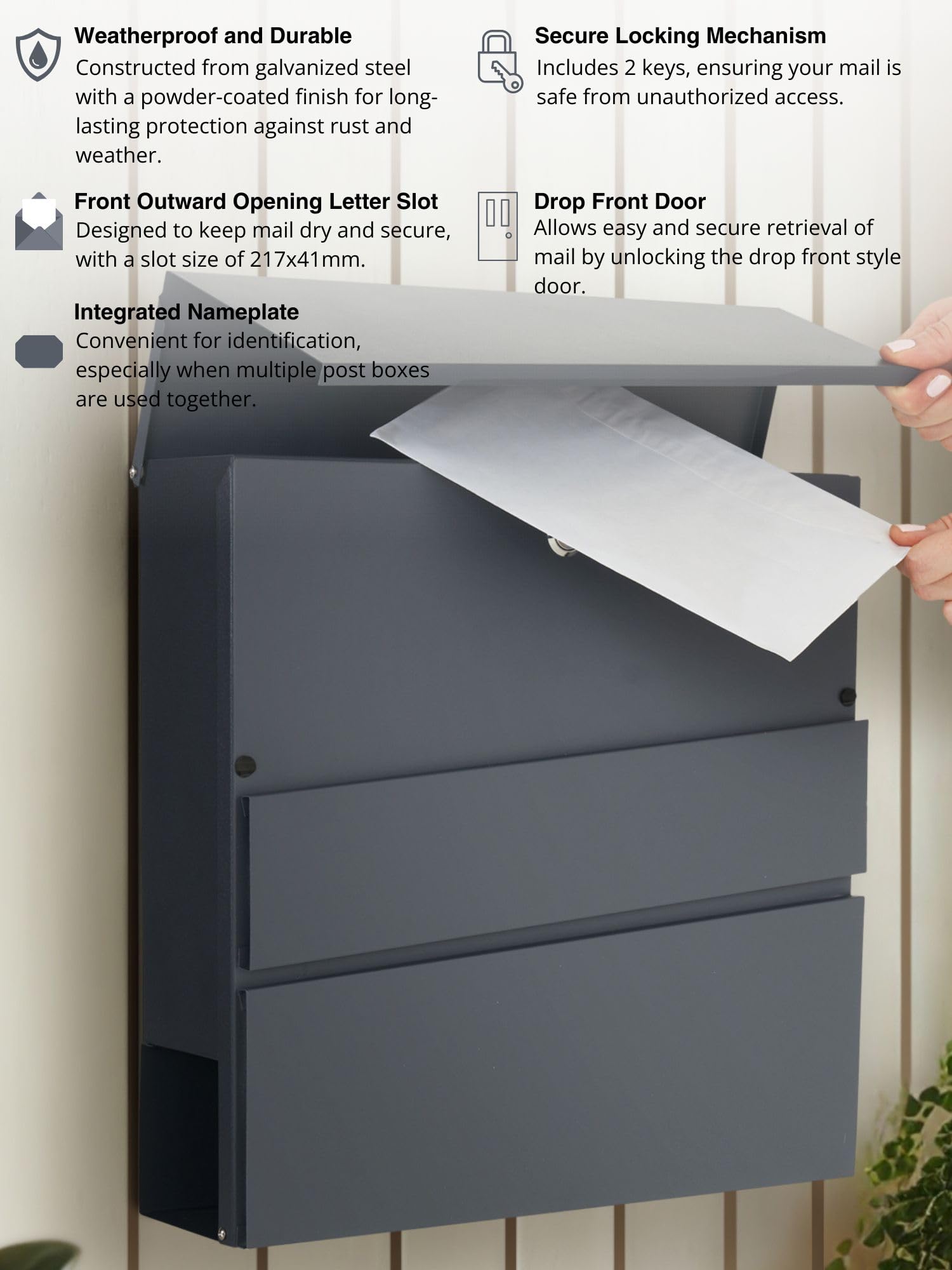 Assorted Collections Wall Mounted Post Box with Newspaper Holder, Lockable Mailbox with 2 Keys - Image 8