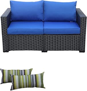 Rattaner Patio Wicker Furniture Outdoor Garden Love Seat Chair Couch Sofa Black with Blue Cushion - coolthings.us