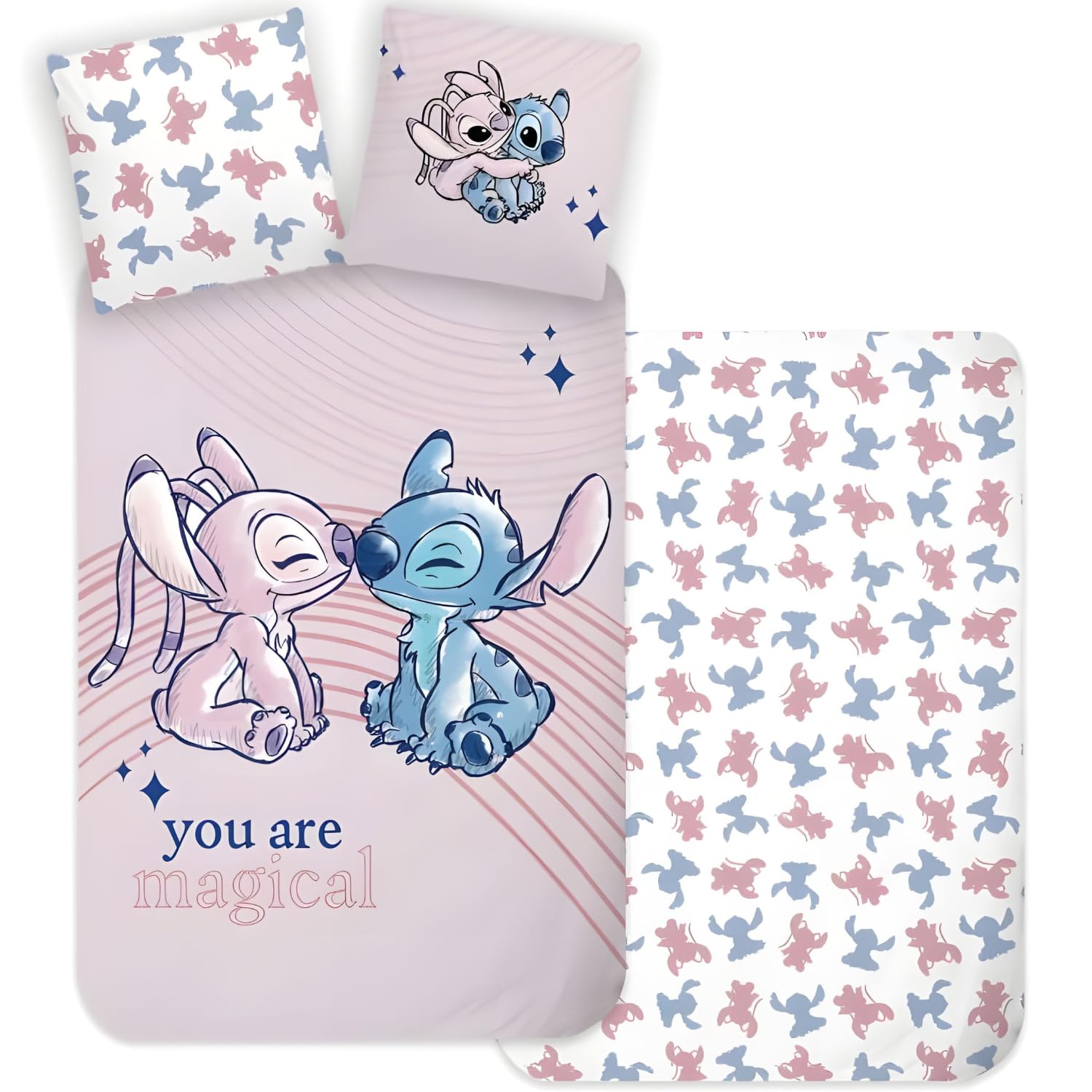 Brandmac Multicolor Stitch & Angel Single Bedlinen Set | Kids Duvet Cover140x200 Cm & Pillowcase 60X65 Cm | 100% Cotton Bedding Set | Reversible Design | Magical Pink & Blue Pattern