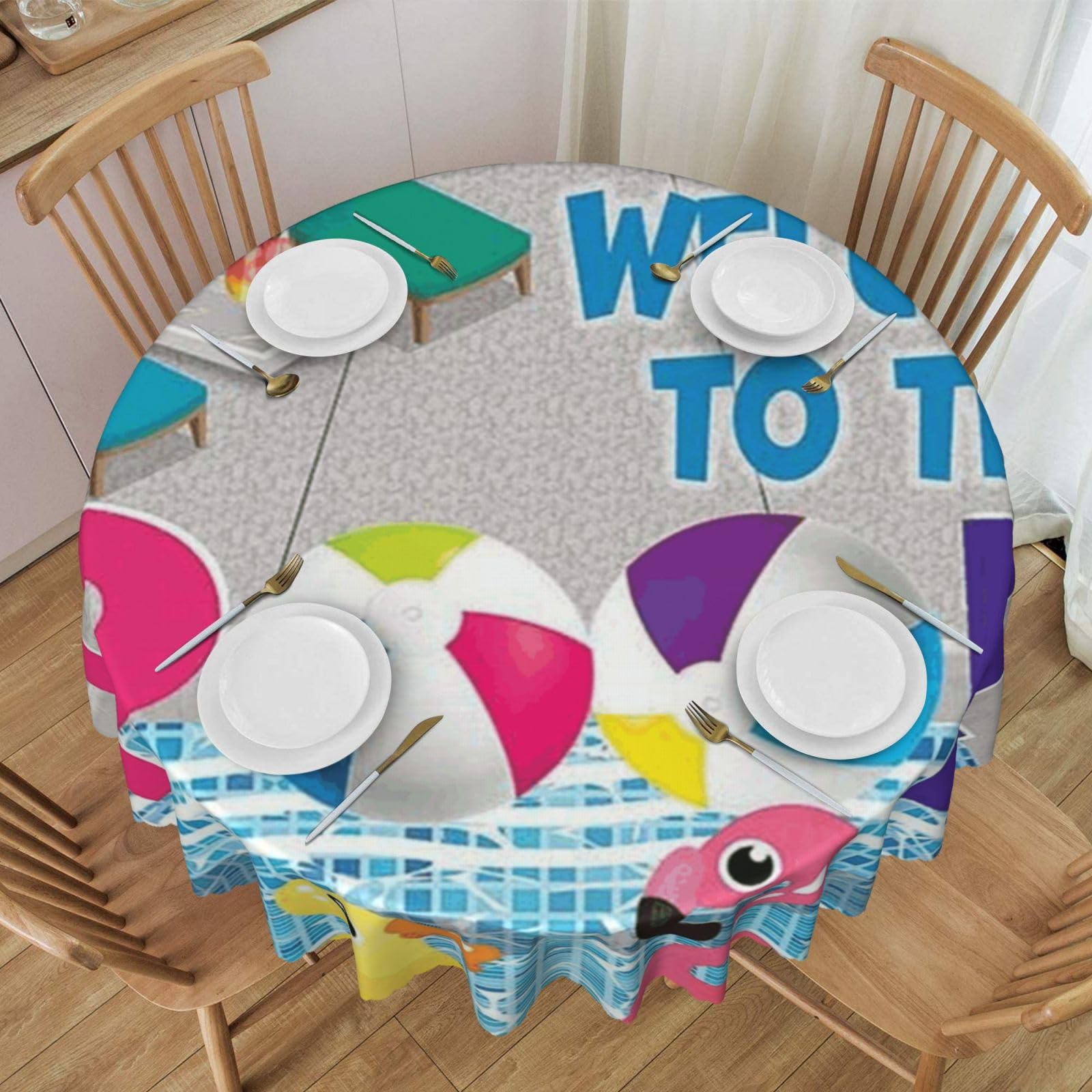 DCEHGEW 60 In Round Tablecloth with Lace, Flamingo and swimming pool Printed Oilproof & Washable Fabric Picnic Table Cloth Table Covers