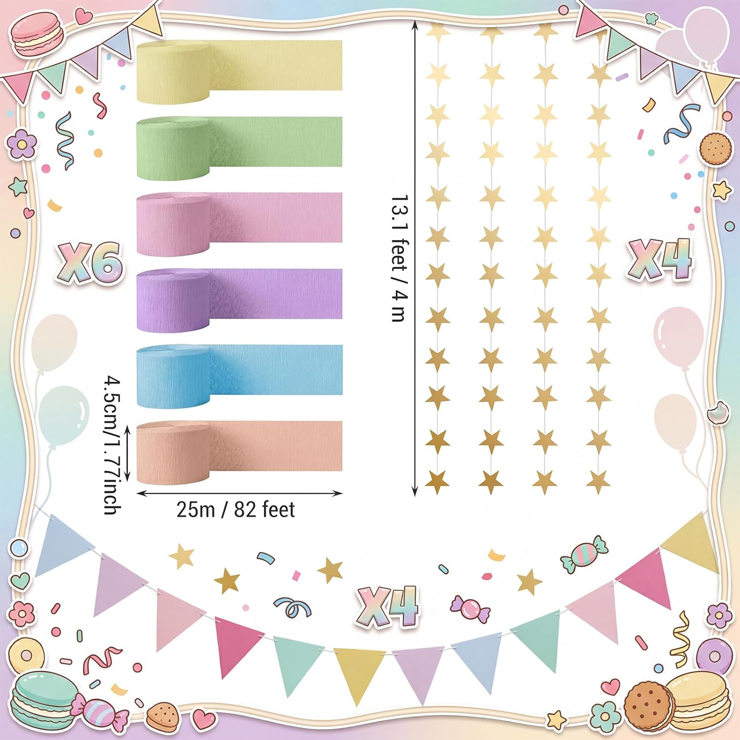Frienda 14 Pcs Pastel Party Decorations Set 492 ft Colorful Crepe Paper Streamers, 52.8ft Gold Star Garlands Backdrop and 4 Pennant Banner Flags for Wedding Birthday Fancy Party Hanging Decorations