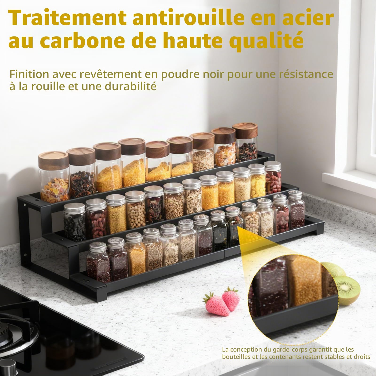 Étagère à épices à 3 niveaux extensible de 36 à 66 cm, grand organisateur d'assaisonnement, étagère à épices pour garde-manger, cuisine, comptoir, salle de bain