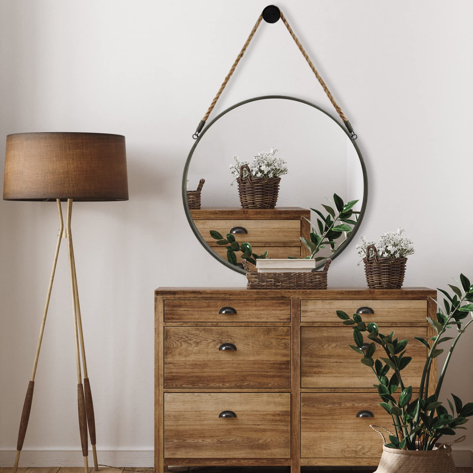 Miroir mural rond 50 cm en métal rustique POZINO avec corde de suspension
