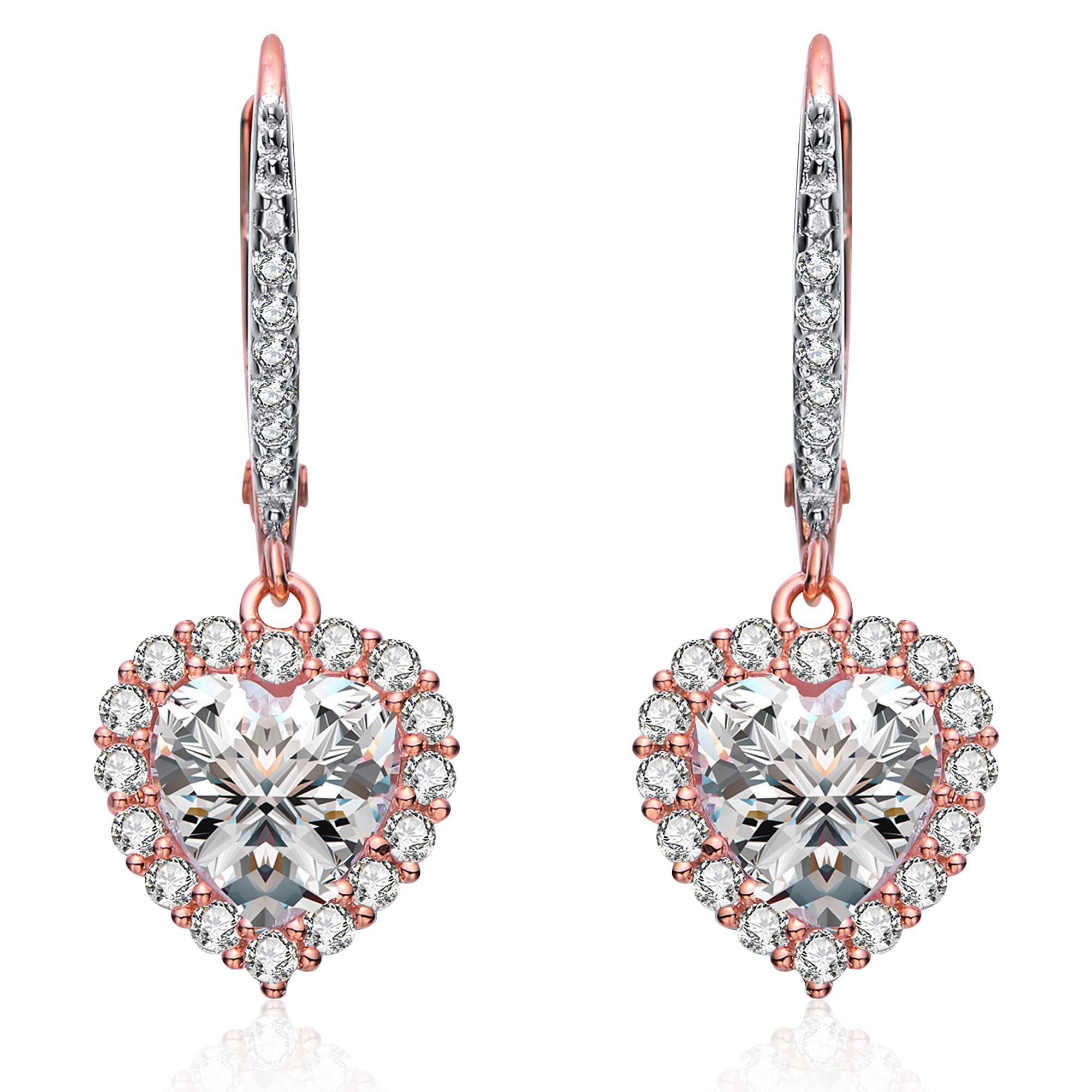 Gold-Plated CZ Halo Drop Earrings – Bridal Simulated Diamond Dangle Earrings for Women – Hypoallergenic Leverback Style – Heart, Round, Square,