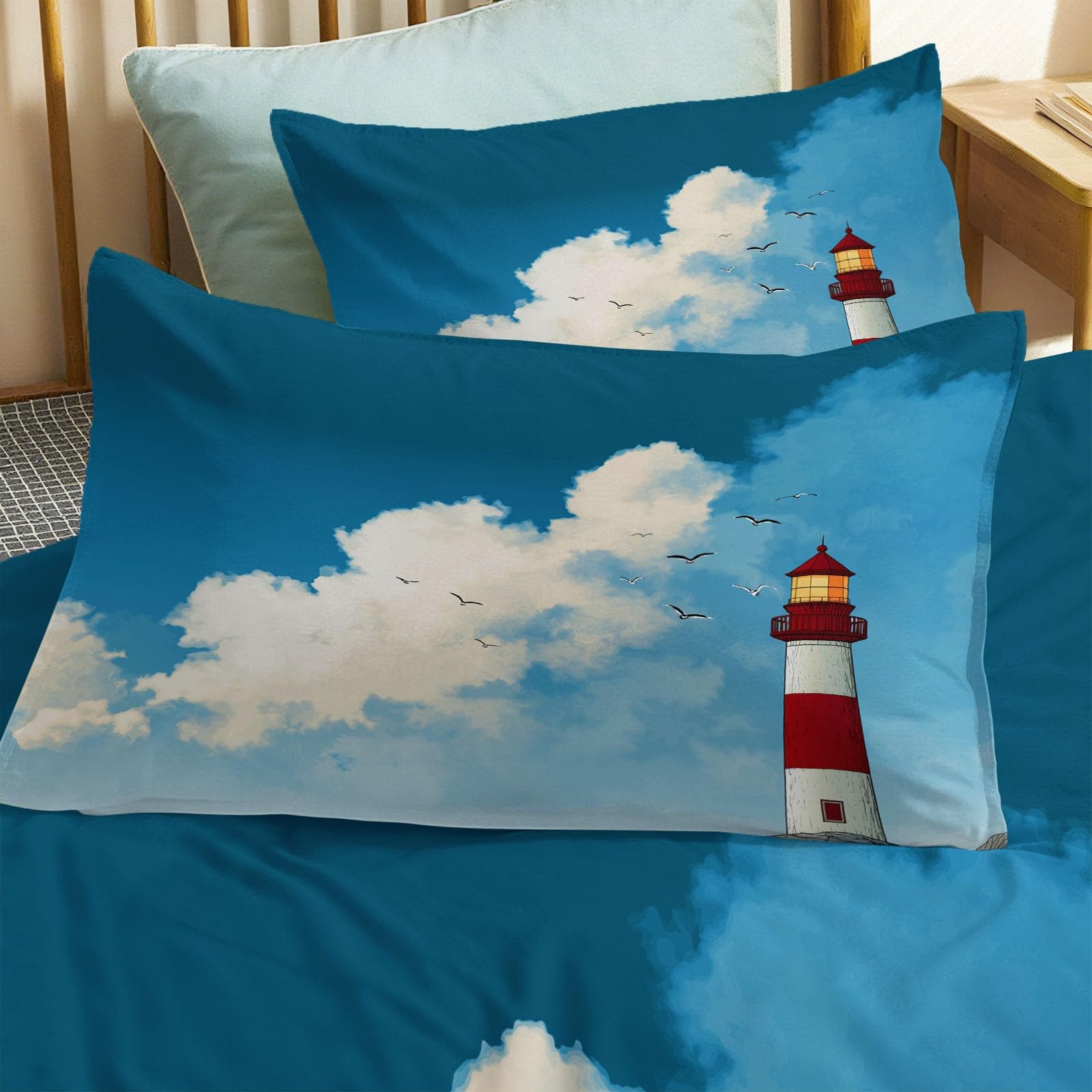 Azul Funda Nordica 240x260 cm Dibujos Animados Faro Mar Microfibra Cepillada con 2 Fundas de Almohada de 50x75 cm, Transpirable Suave Antialérgica Juego de Funda Edredón para Cama Doble