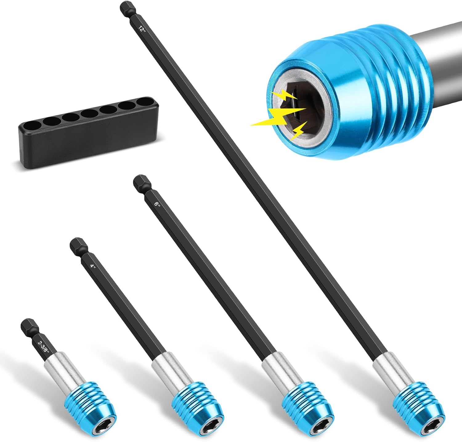 Locking Magnetic Drill Bit Extension Set, 4 Pack 2-3/8", 4", 6", 12" Long Quick Release Screwdriver Bit Holders, 1/4" Hex Shank Extension Bar, Dual Lock, CR-V Steel for Impact Drivers