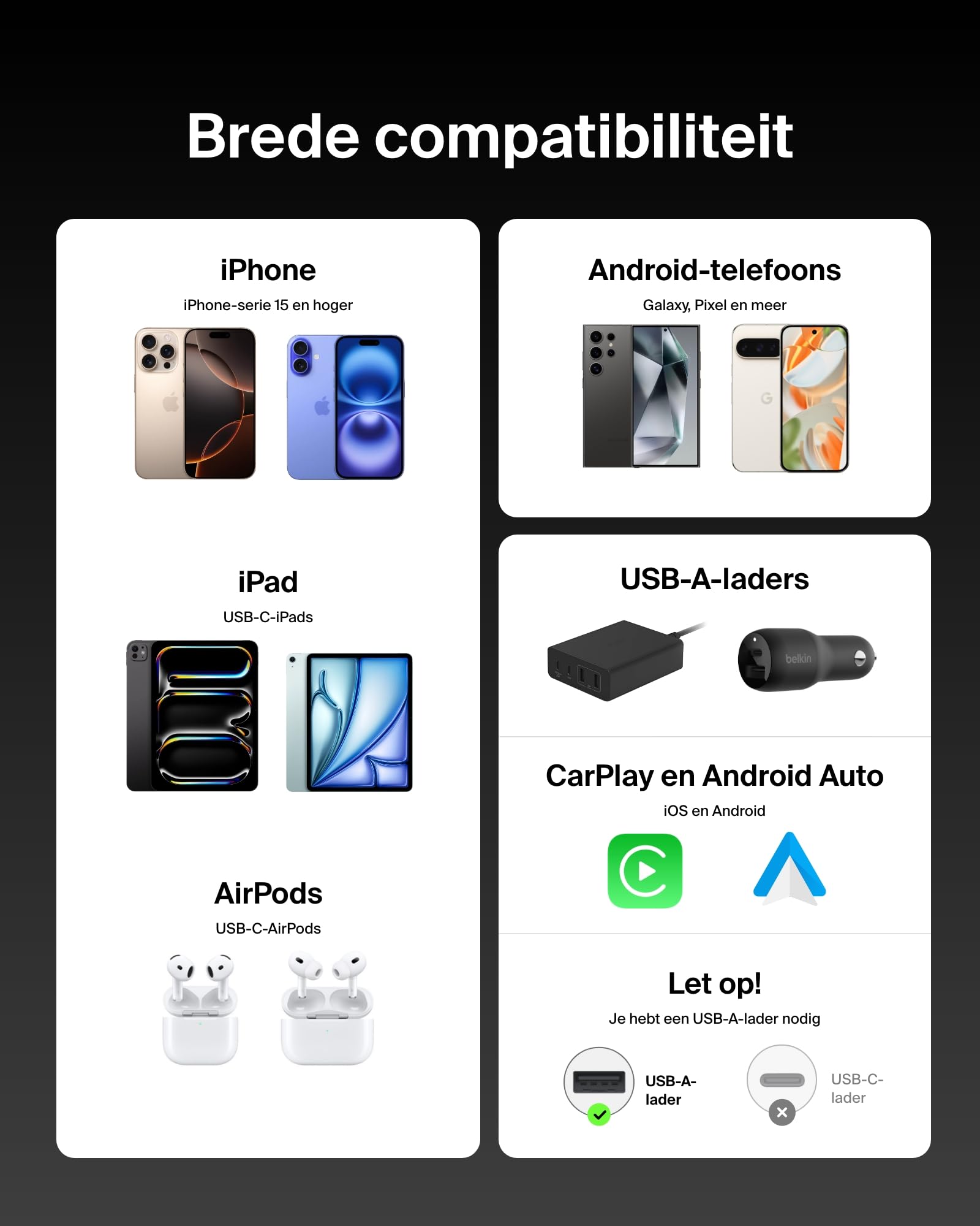 Belkin BoostCharge gevlochten USB-C-kabel, USB-C/USB-A kabel, USB Type-C- kabel, oplader kabel voor iPhone 16, iPhone 15 Plus/Pro/Pro Max, Samsung Galaxy S24, Pixel, iPad, Nintendo Switch,1 m, wit