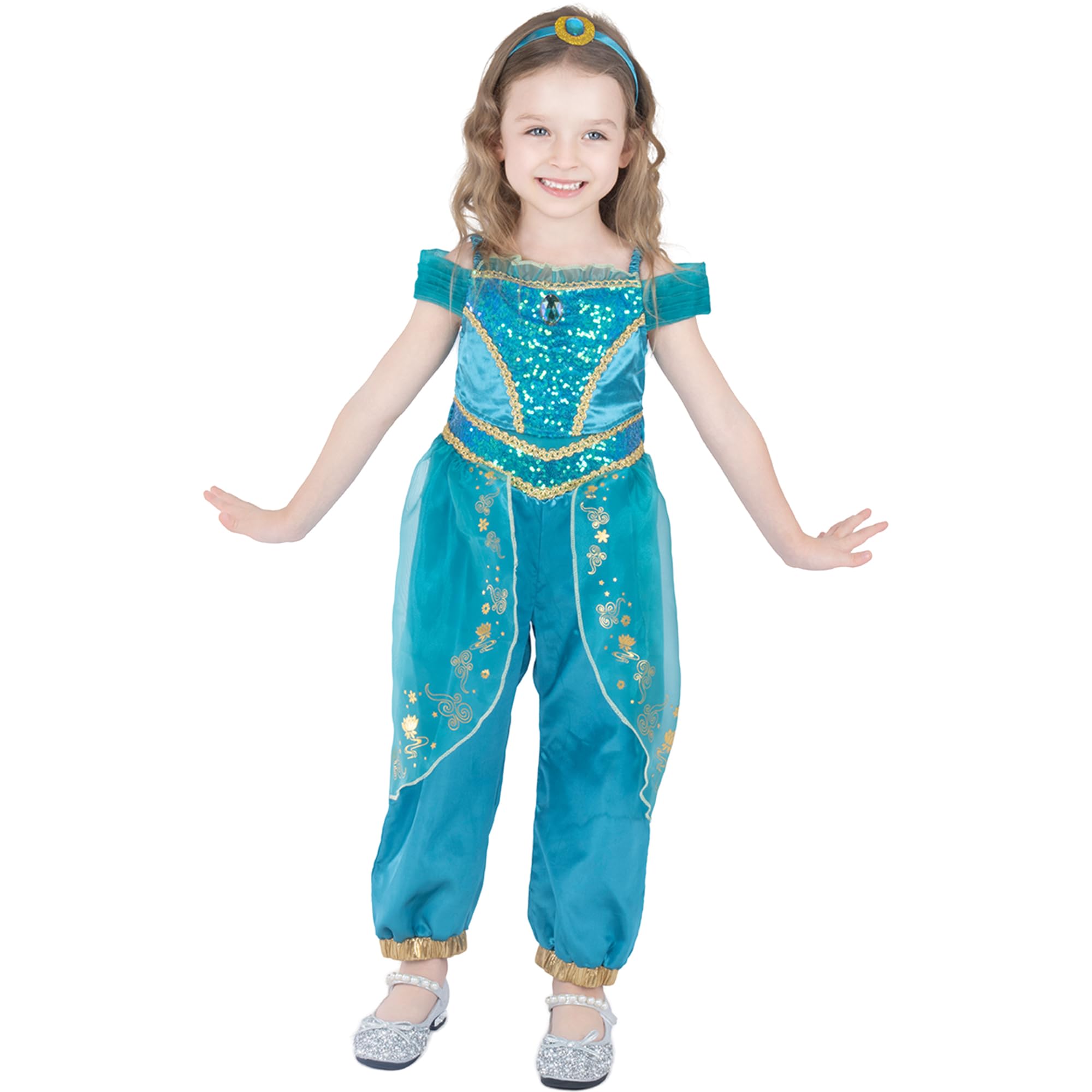 6-16 anni ragazze Halloween arabo Jasmine principessa costume cosplay paillettes lucide tuta con girocollo per performance di danza del ventre  1501