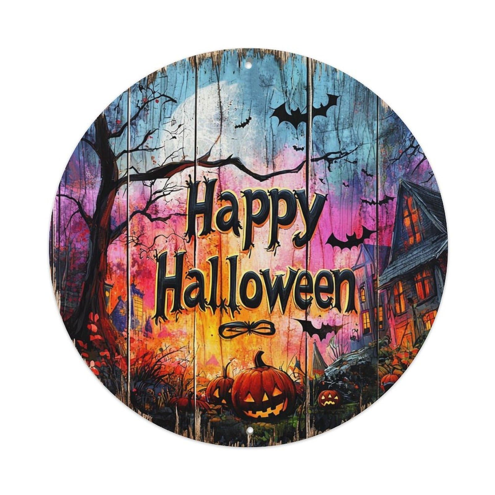 Happy Halloween Pumpkin Night Scene Tin Sign Metal Poster Vintage Metal Signs for Home Man Cave Bar Cafe Kitchen laundry room Wall Decorations 8x8 inches