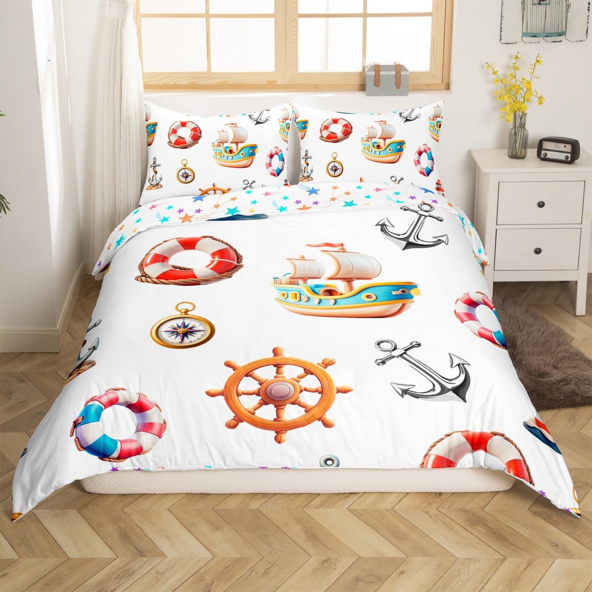 jejeloiu Kids Anchor Decor Comforter Cover Toddler Size, Nautical Theme Duvet Cover Ocean Bedding Set Boys Girls Coastal Teens Bedspread Cover Bedroom Decor Quilt Cover 2Pcs (No Comforter)