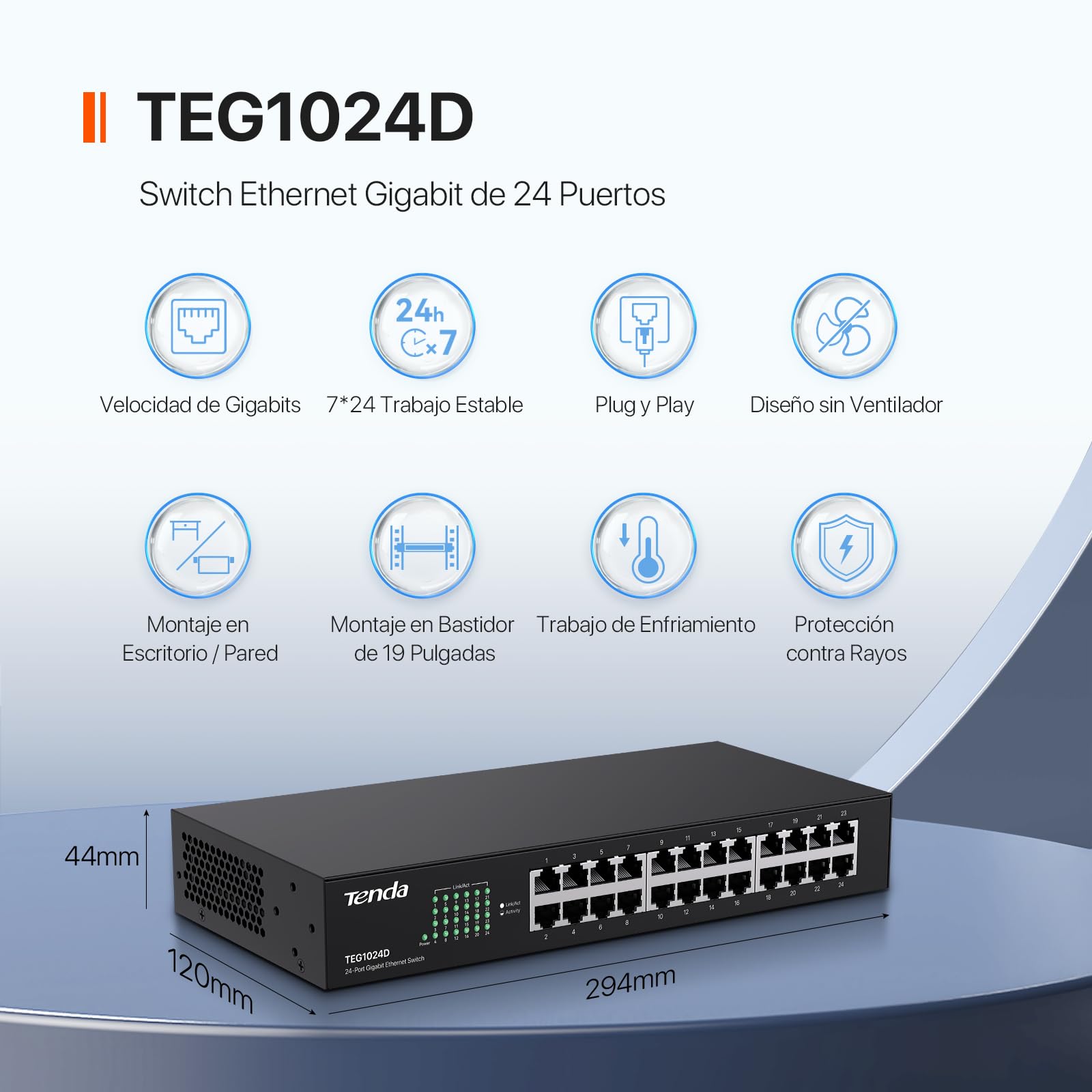 Tenda TEG1024D Gigabit Ethernet Switch, 24 Puerto RJ45, 48 Gbit/s,10/100/1000 Mbps, Auto MDI/MDIX, Montaje en Escritorio/Rack, Protección Profesional contra Rayos, No Administrado, Plug & Play, Metal