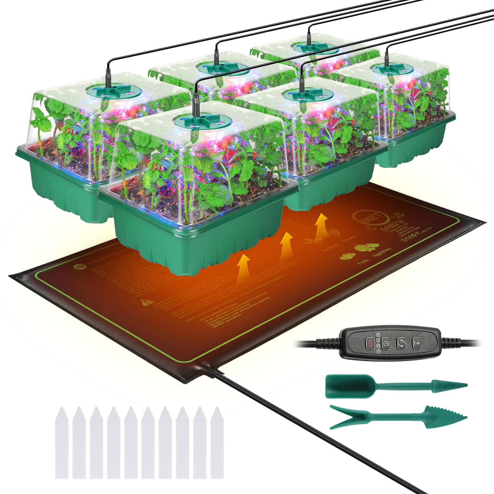 Seed Starter Trays with Grow Lights and Heat Mat, 72 Cells Seed Starter Kit with Lights, 3 Lighting Mode, 4 Timing Set, Germination Kit for Seed Starting Trays with High Humidity Control Domes