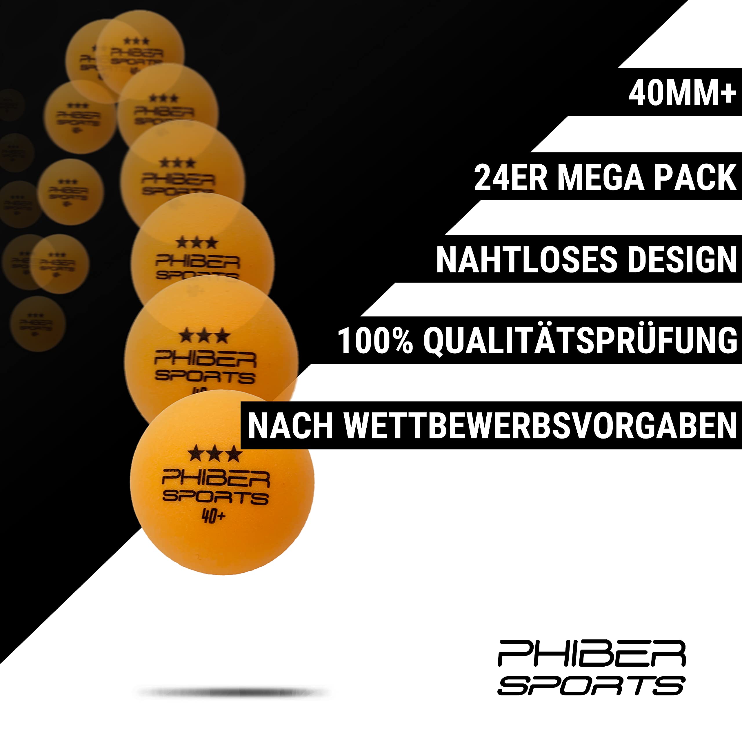 PHIBER-SPORTS Piłki do tenisa stołowego 40+ Premium 3-gwiazdkowe pomarańczowe – idealne właściwości do gry – idealne dla początkujących, rodzin i profesjonalistów – wykonane zgodnie ze standardami