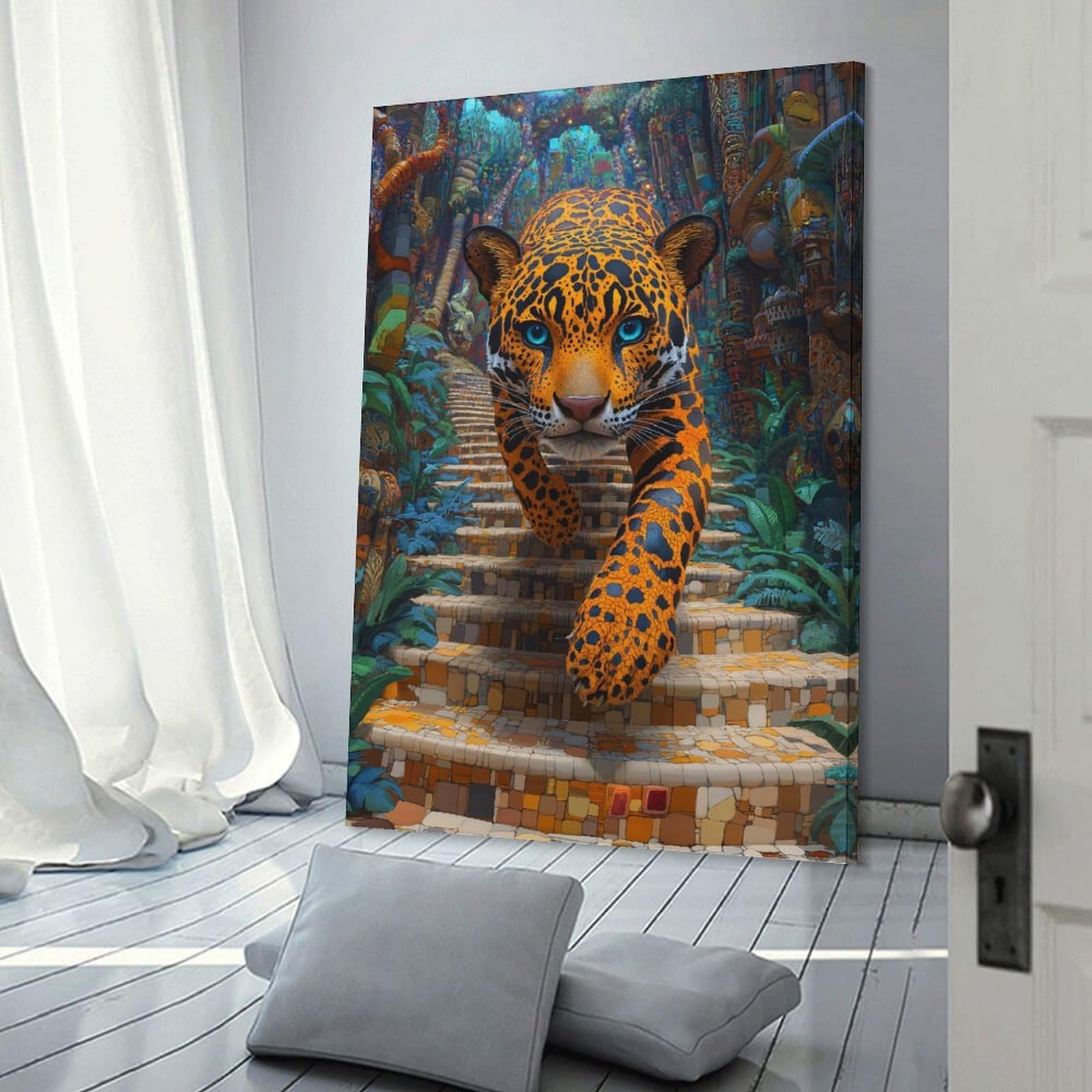 Junmoney Jaguar on Ancient Steps Decorative Wall Artwork 16x24inch(40x60cm), for Living Room, Lounge Or Sitting Room, A Home Accent with Warm Character