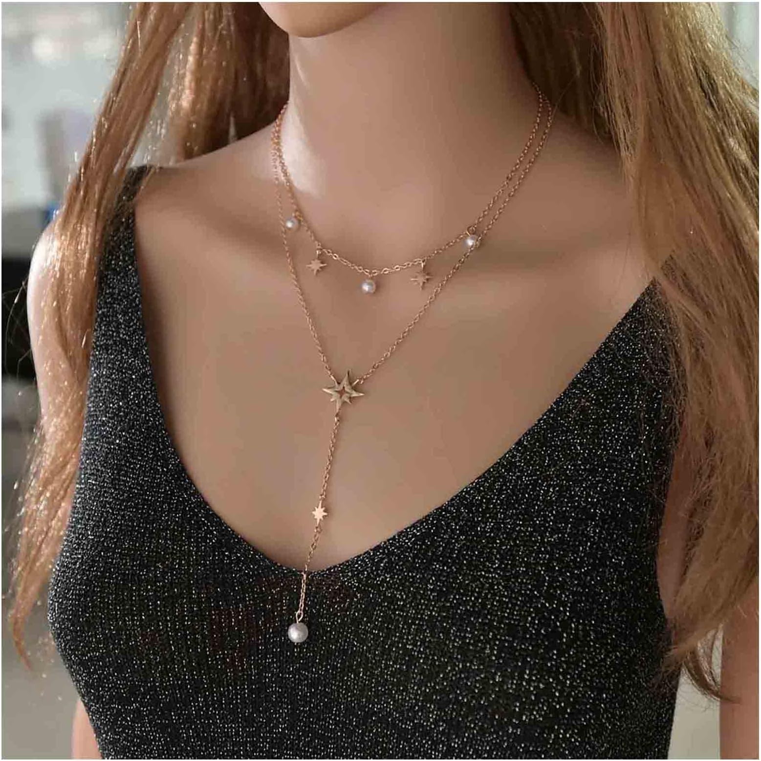 Andelaisi Boho Layered Star Choker Necklace Vintage Star Y Lariat Chain Necklace Gold Star Pearl Drop Necklace Personalized Hexagram Pendant Necklace Jewelry for Women and Girls