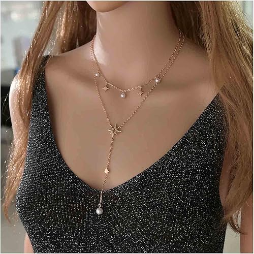 Miniatura 2 de Andelaisi Gargantilla de estrella bohemia en capas, collar de cadena vintage de estrella Y Lariat, collar de gota de perlas de estrella dorada,
