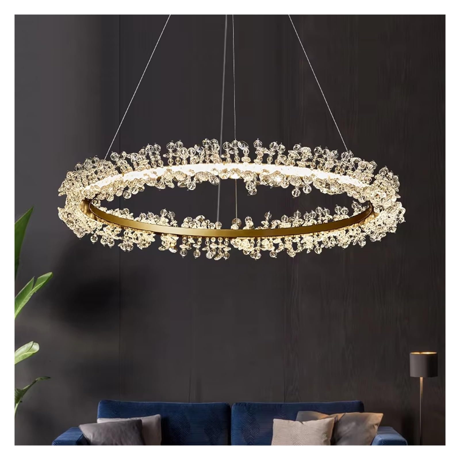 ZTCHSENZT Modern LED Chandelier Round Gold Ring Clear Crystal for Parlor Dining Room Bedroom Lighting Wire Adjustable,3color dim-80cm