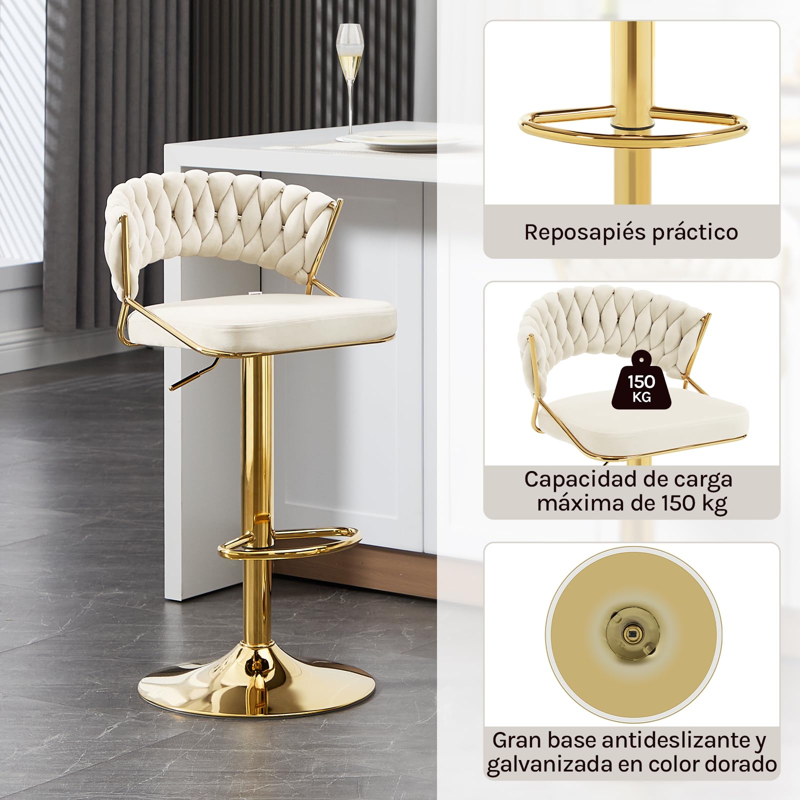 WOLTU Taburetes Altos de Cocina Set 2 Giratorio, Terciopelo, Crema | con Respaldo y Reposapiés, Base de Metal, para Comedor, Salón y Cafetería