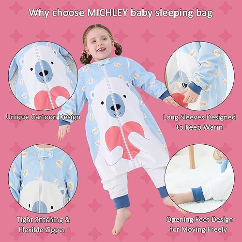 Miniatura 8 de MICHLEY Saco de dormir para bebé, manga larga con pies, manta de invierno para niños y niñas, tiburón, 3-5 años