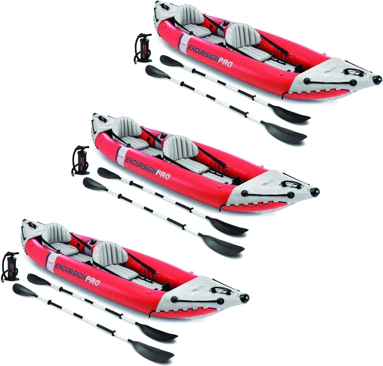Excursion Pro Inflatable 2 Person Vinyl Kayak with Oars & Pump, Red (3 Pack) Excursion Pro Inflatable 2 Person Vinyl Kayak with Oars & Pump, Red (3 Pack)